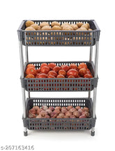 Gray 3-layer plastic-stainless steel fruit & veg rack for kitchen storage, multi-purpose organizer